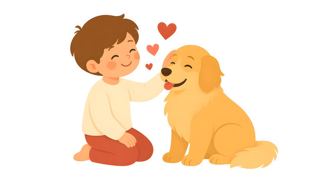 Preschool child gently petting golden retriever smiling hearts affection friendship indoor