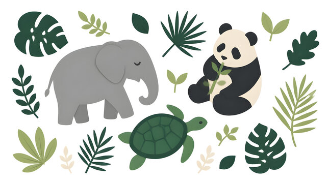 Flat lay vector illustration of elephant panda bear turtle surrounded by lush green foliage in a natural jungle setting for wildlife conservation