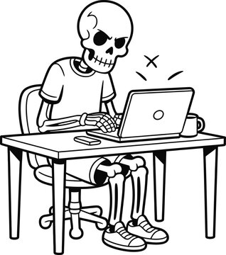 Cartoon skeleton sitting at a desk and typing on a laptop computer, black and white line of a bony character working at a workstation