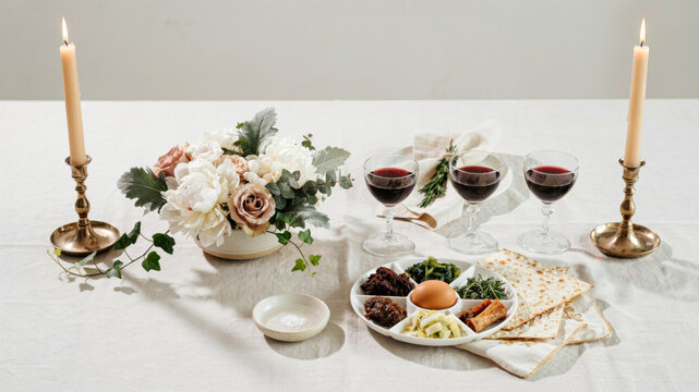 Passover seder table setting with traditional ritual items, wine glasses, matzah, candles, and floral centerpiece