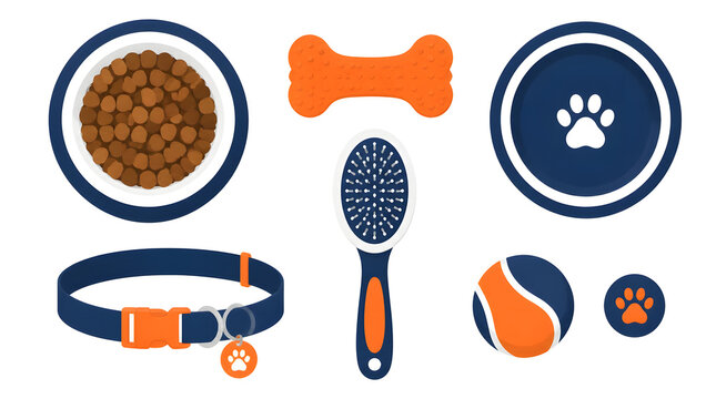 Pet care flat lay vector illustration featuring dog food bone shaped toy paw print plate grooming brush collar ball like objects in navy blue ora