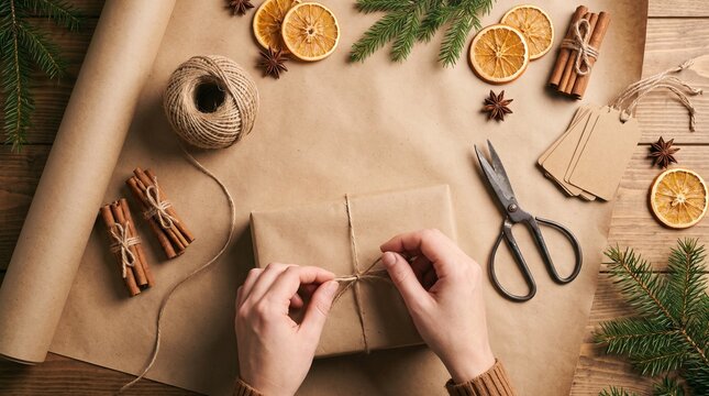 Hands wrapping Christmas gift in kraft paper with twine, scissors and dried orange slices on craft table