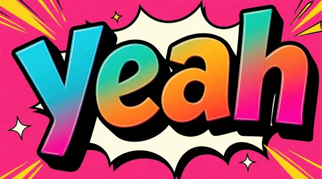 Colorful comic style yeah text bubble in retro pop art design. Vibrant gradient letters on pink background with bright yellow sunburst. Energetic cartoon typography with speech bubble effect for fun