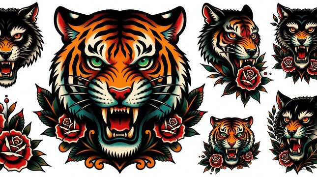 Traditional tattoo sticker sheet with fierce tiger, wolf heads. Gothic nature designs feature red roses, crescent moons, dark forest elements. Various animal decals with bold lines, bright colors for