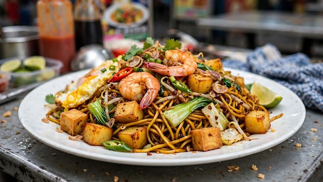 Stir fried noodles with succulent shrimp and tofu provide a hearty meal on a textured metal surface.