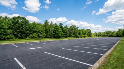 Fototapeta premium Large Empty Outdoor Asphalt Parking Lot Surrounded by Lush Green Forest on a Sunny Day with Blue Sky