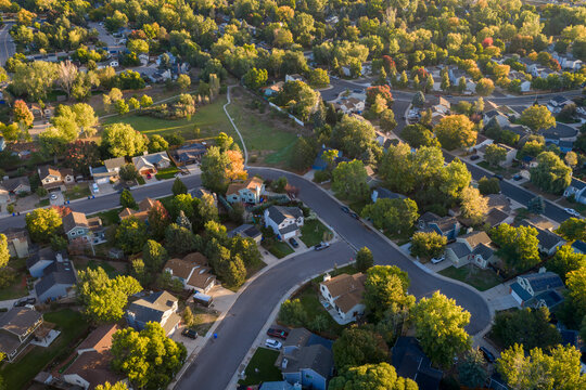 Fort Collins residential streets in northern Colorado in morning light, early fall aerial scenery