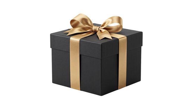 Square black gift box with gold ribbon and isolated on transparent background