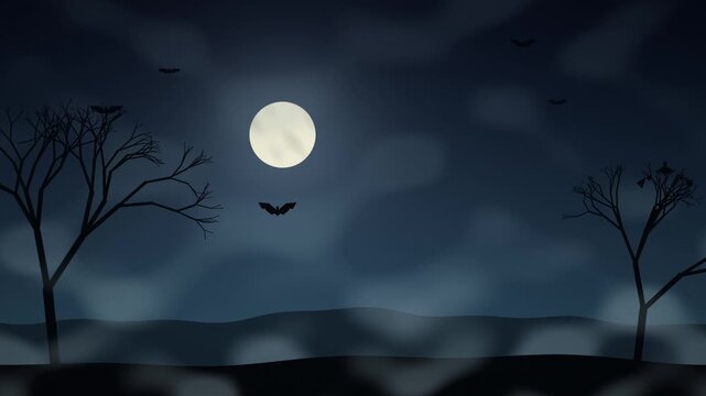 Spooky dark night landscape with flying bats and a glowing full moon.