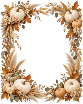 Autumn pumpkin floral frame with wheat and leaves isolated on transparent background