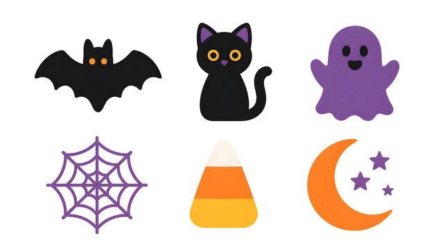 Halloween Icon Set featuring Bat Black Cat Ghost Spiderweb Candy Corn Crescent Moon