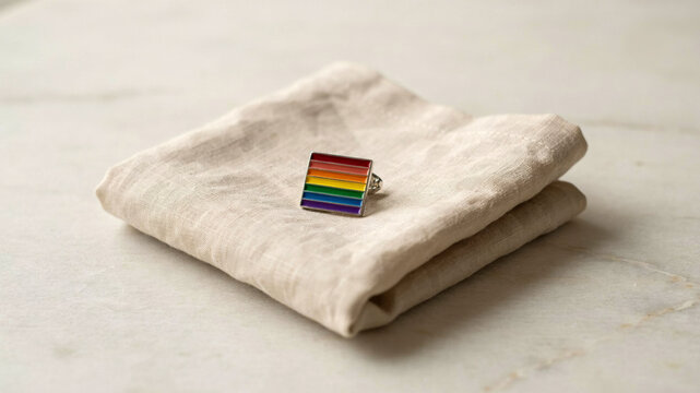Closeup of a small square rainbow pride flag pin resting on a folded beige cloth napkin on a white surface