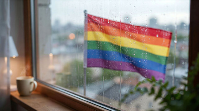 A rainbow pride flag behind a wet, rainy window on a quiet indoor day