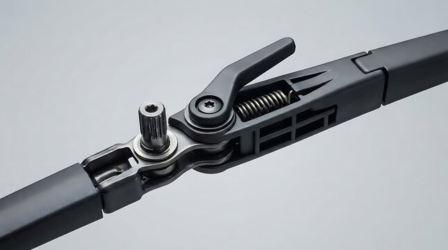 Professional automotive wiper blade arm connector with spring tension mechanism on neutral backdrop.