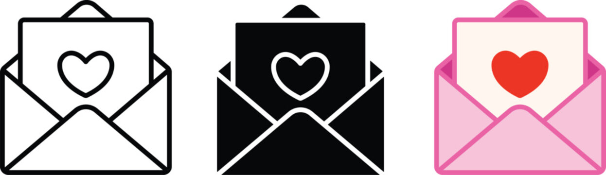 Love letter icon set, heart envelope symbols in black white and pink style for mobile concept and web design, minimal romantic message icons