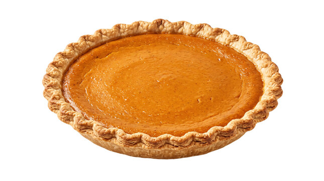 Whole pumpkin pie with fluted crust on white isolated on transparent background