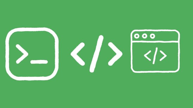 Three white icons representing vibe coding and AI-powered software development with smooth looping animation on a green screen background. Perfect for AI coding, programming, developer tools, 