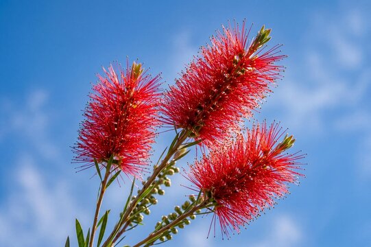 Red bottlebrush flowers viewed from a low angle against a blue sky