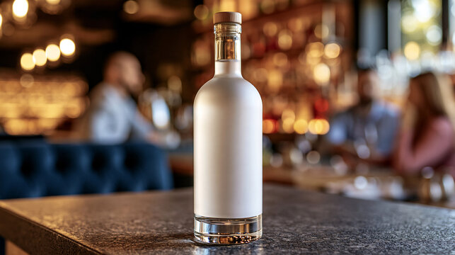 Blank frosted glass bottle mockup positioned on a dark bar counter, completely unbranded packaging with a clean empty label surface, elegant lounge interior softly blurred behind it, subtle warm hig