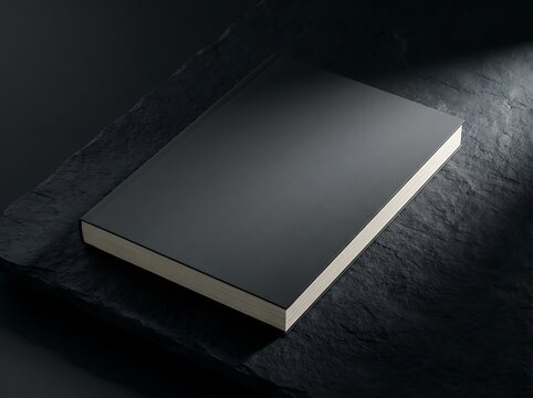 Blank black book or notebook mockup resting on a dark textured stone surface. paperback book mockup