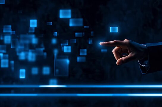 A finger touches a glowing blue cube in a dark, digital space