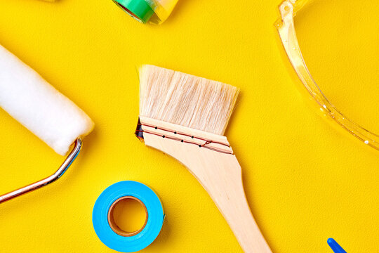 Painting Tools on Yellow Background