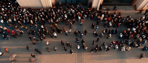 Fototapeta premium Urban energy captured from above a dense crowd streams across a sunlit city plaza, motion blur conveying urgency, scale, and the pulse of modern collective life. Perfect for social, news.