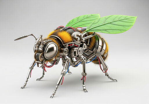 Mechanical robotic bee with metal parts and leaf wings