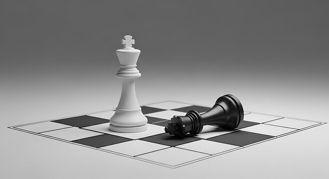 White chess king standing over fallen black king on board