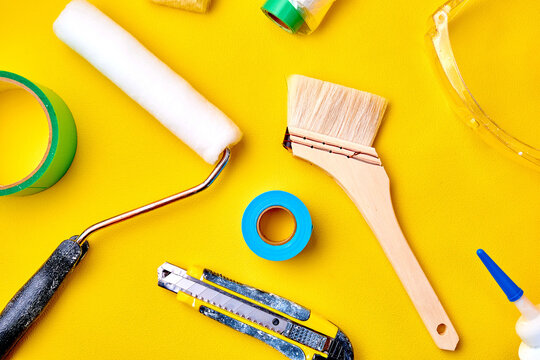 Painting Tools on Yellow Background