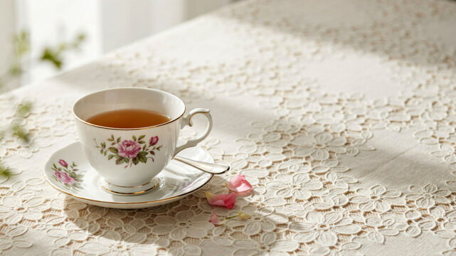A cup of tea with rose motif and petals on a lace tablecloth in natural morning light
