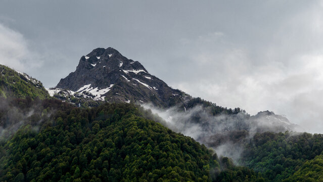 Rugged mountain peak above misty green forest on rainy spring day, hiking destination