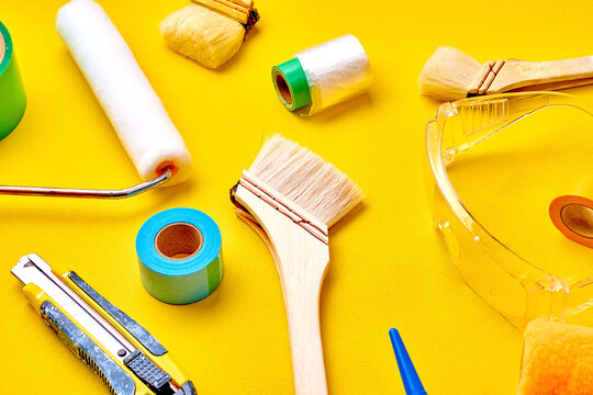 Painting Tools on Yellow Background