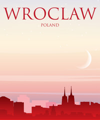 Fototapeta premium Red portrait orientated panoramic poster of the city skyline with misty background buildings, sunrise, moon and clouds of WROCLAW, POLAND