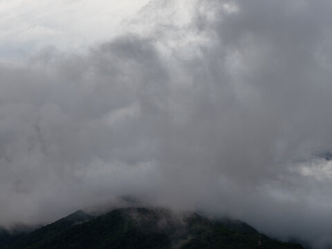 Thick clouds engulfing green forested hill, power of nature in foggy mountain weather