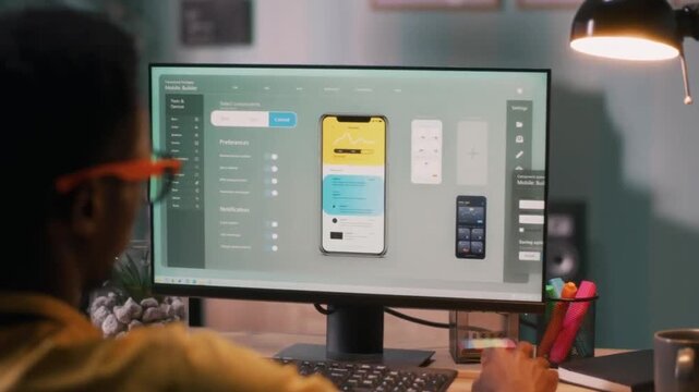 African American UI UX designer working on mobile app prototype design on computer screen
