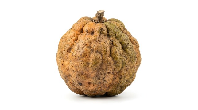 Studio shot of a ripe Monkey Orange fruit isolated on white background, showing textured brown skin and organic shape for botanical photography