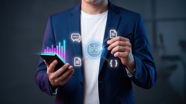 Man interacting with artificial intelligence interface and data analysis concepts