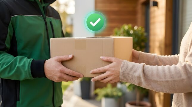 Courier Handing Cardboard Box Package to Customer with Green Checkmark Icon Representing Successful Home Delivery Service