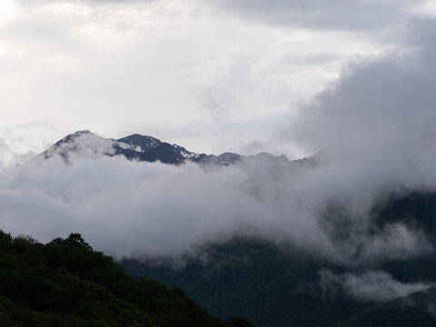 Mountain peaks above soft clouds in diffused light, dreamy pastel highland view