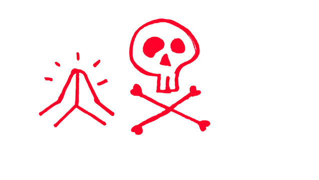 Red hand drawn pirate skull and crossbones doodle illustration, jolly roger danger symbol sketch, bold spooky halloween icon isolated on white background for t-shirt, sticker and poster design