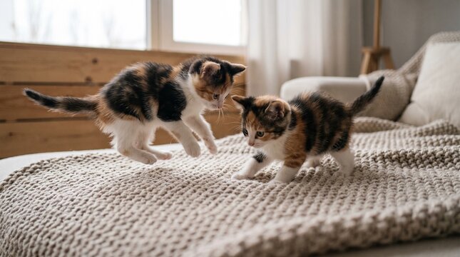 Kittens playing on a bed