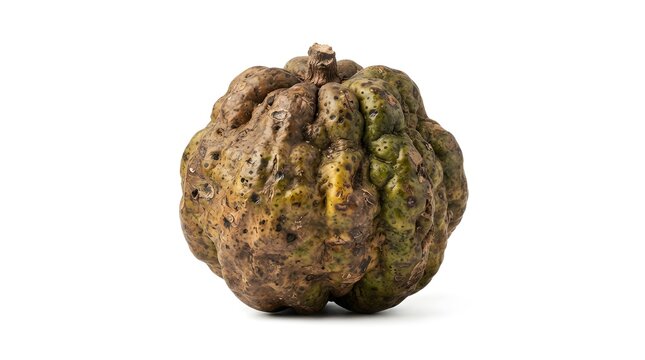 Studio shot of a ripe Monkey Orange fruit isolated on a white background, showing textured skin and organic shape for botanical photography.