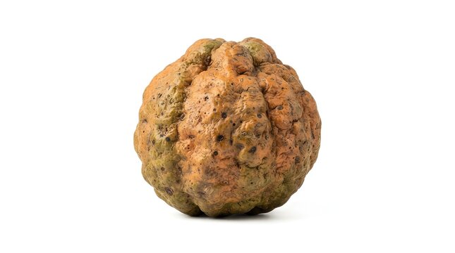 Strychnos spinosa Monkey Orange fruit isolated on white background, a round tropical fruit with a hard woody shell and textured brown skin