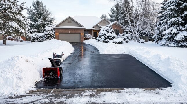Snow blower on cleared driveway in front of suburban house during winter snow storm.
