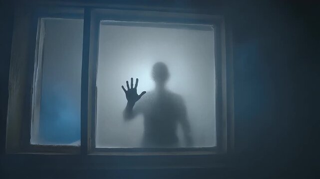 Creepy human silhouette raising hand slowly against frosted glass window in dark mysterious smoky room motion clip