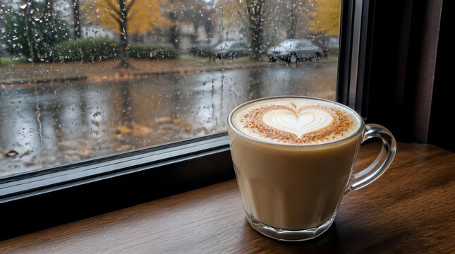 Creamy chai latte mug on wooden table intricate heart foam art against rainy window backdrop