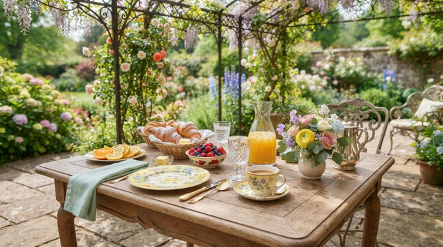 Idyllic outdoor breakfast setting on a rustic wooden table set in a lush English garden featuring fresh croissants, orange juice, berries, coffee, and a vibrant floral centerpiece under a bl