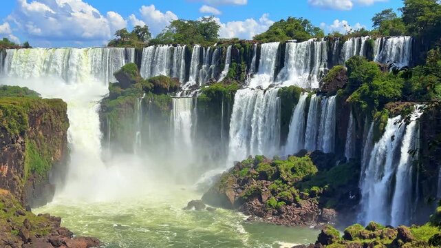 Iguazu Falls, Argentina, majestic waterfall cascading over lush green cliffs with mist and roaring water, scenic natural wonder and travel destination, video footage