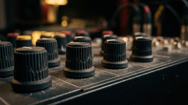 Close-up on multiple black rotary audio mixer knobs with selective focus, highlighting tactile controls for sound adjustment in a studio setting.